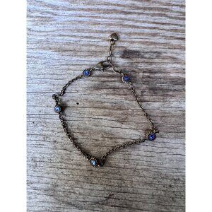 Brighton Blue Crystal Station Anklet 9.5” Adjustable Antiqued Gold Tone Heart “B